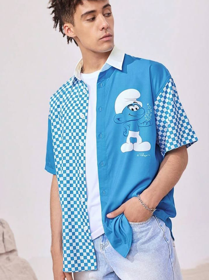 SWAVVY Casual Cartoon & Patchwork Checkerboard Print Dropped Shoulder Loose Shirt Men